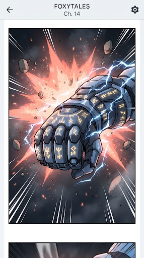 High voltage dynamic webtoon action panel showing a colossal mecha armor gauntlet igniting