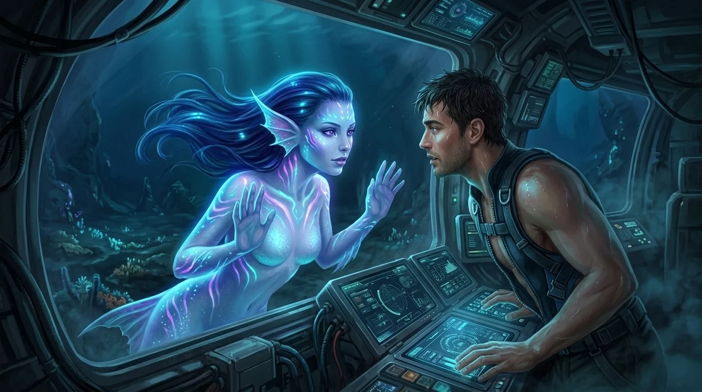Orriselle pressing her bioluminescent palms against the quartz viewport of the deep-sea bathysphere