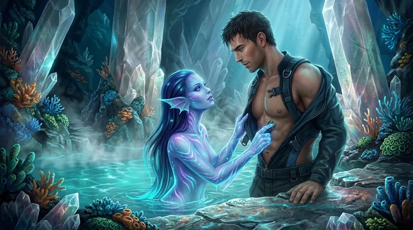Orriselle rising from the glowing lagoon to unfasten Cassian's dive harness