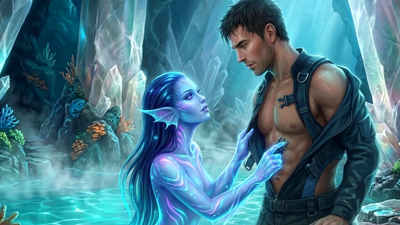 Orriselle wrapping her glowing pelagic tail around Cassian in the bioluminescent thermal lagoon
