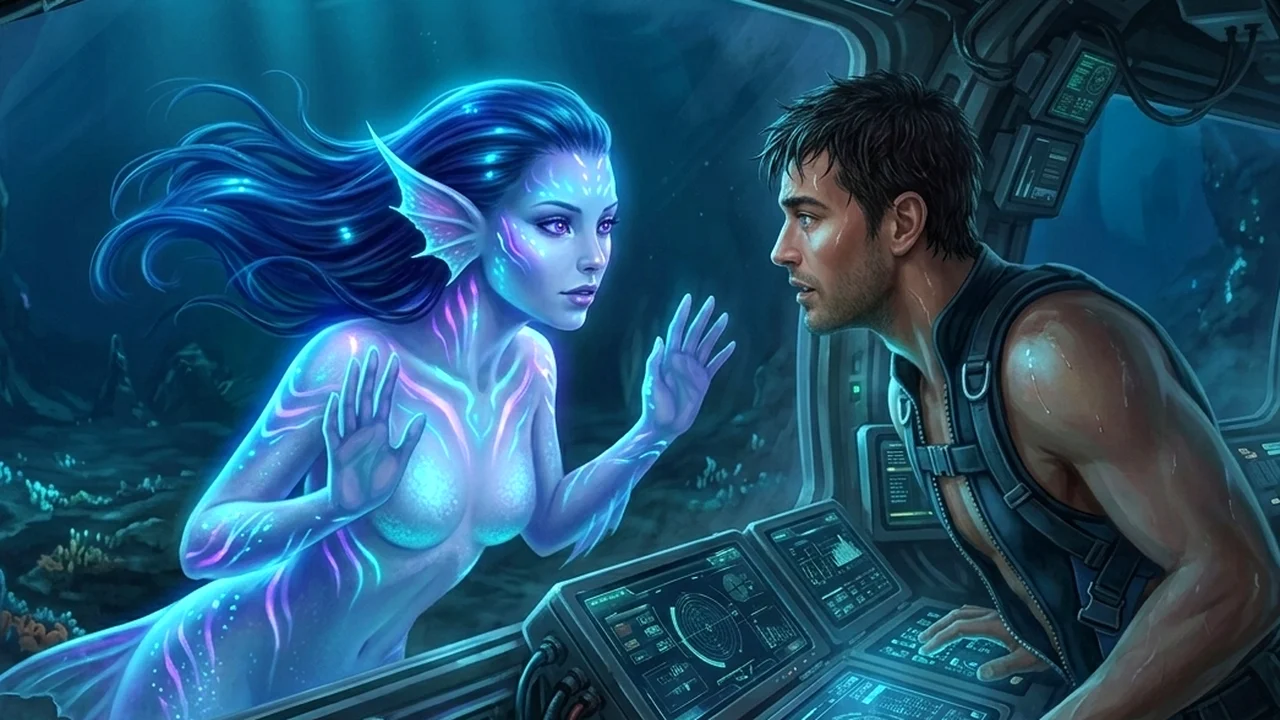 Orriselle pulling Cassian beneath the glowing water in a deep telepathic and physical union
