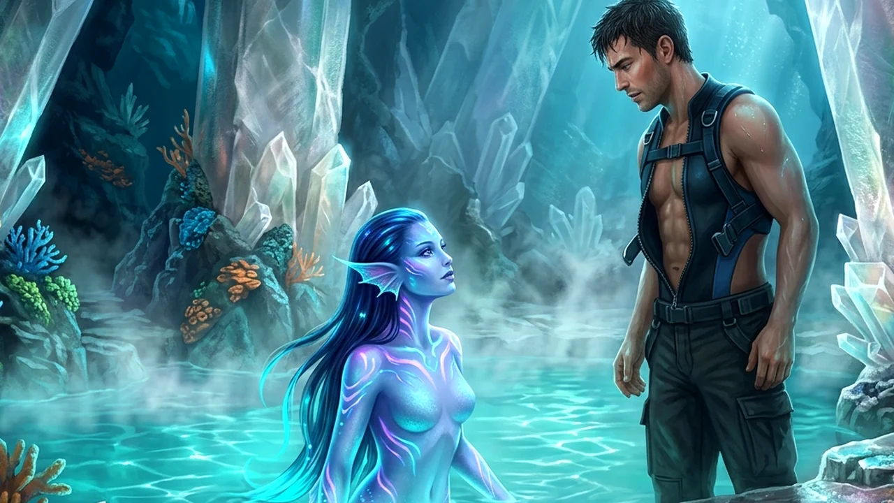 Orriselle resting on the luminescent coral throne beside Cassian after their union