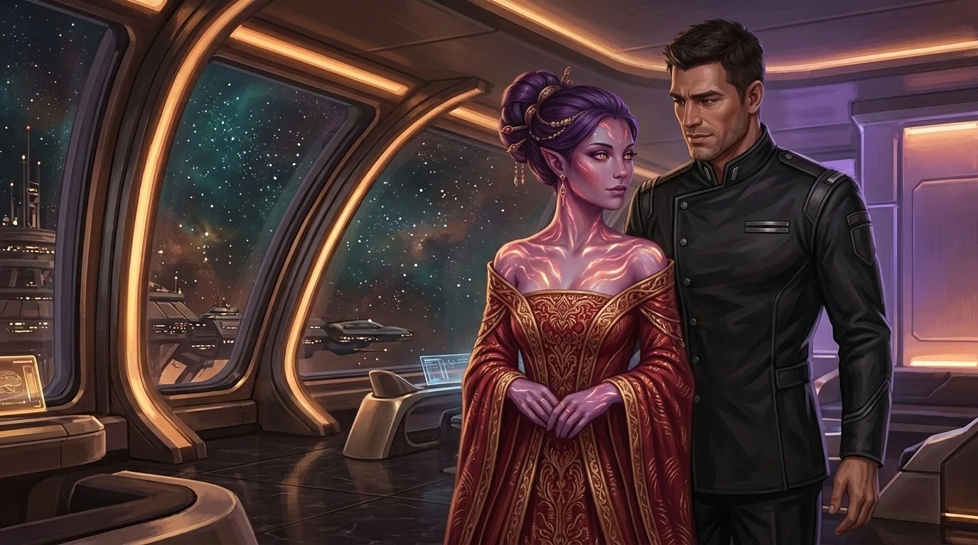 Envoy Seraphina Keth standing in her quarantined diplomatic suite as rose-gold and violet chromatophores ripple across her skin