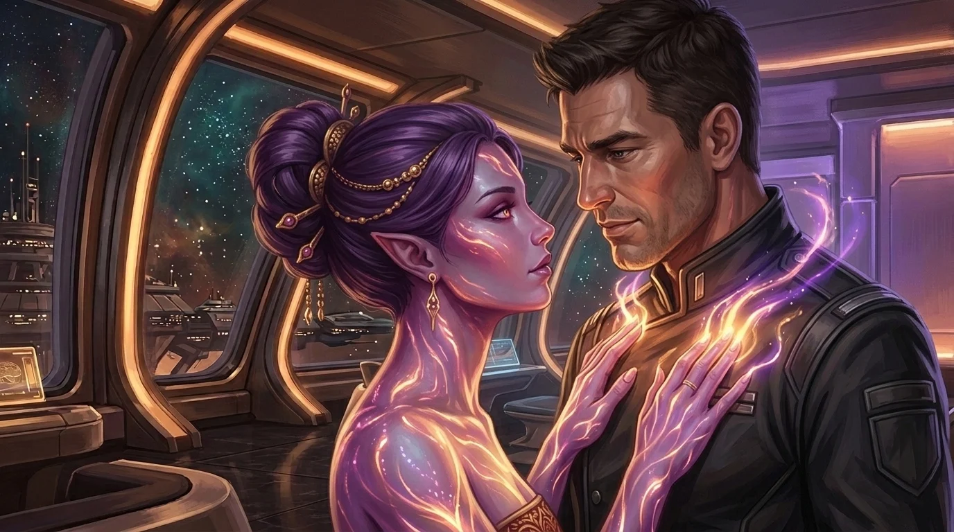 Seraphina pressing her glowing palms against Marcus's bare chest as their dermal empathy links