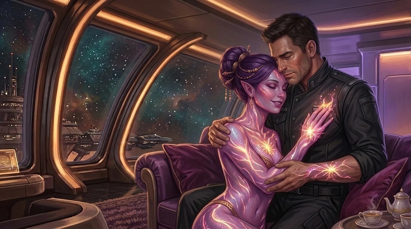 Seraphina arching on the velvet lounge as waves of gold and ultraviolet light ripple across her torso