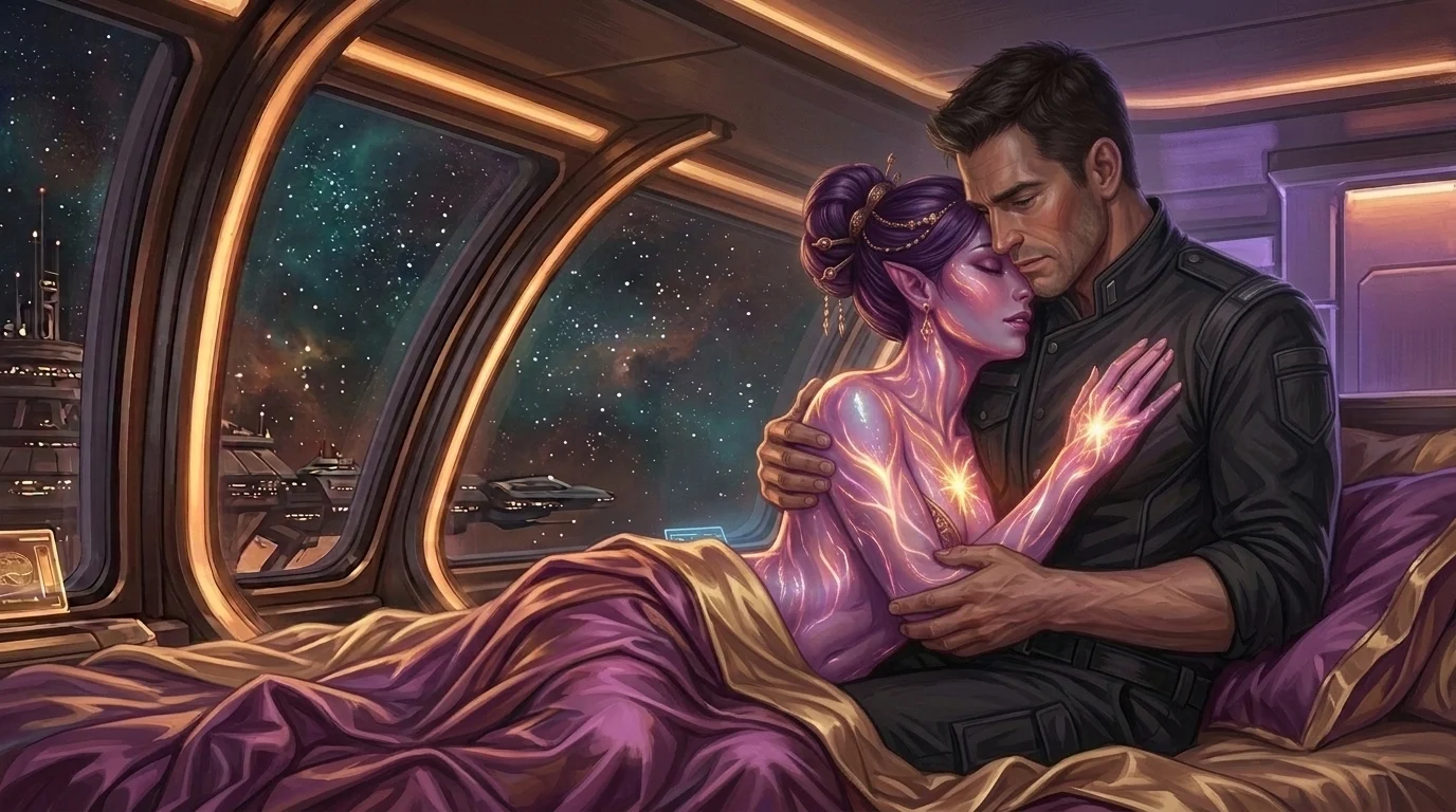 Marcus and Seraphina locked in a full-body luminescent embrace as their chromatophore patterns merge