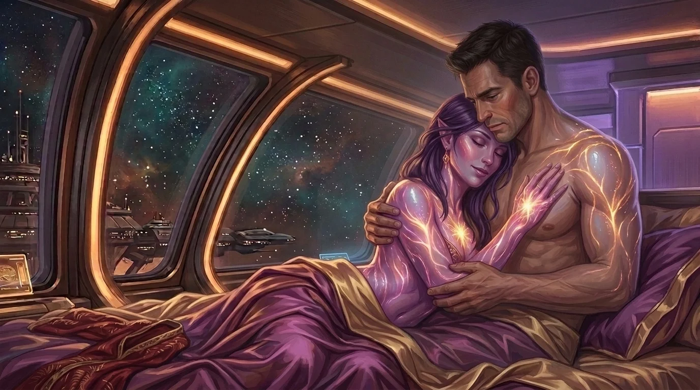 Seraphina resting against Marcus as matching golden bond-marks glow softly across both their skins