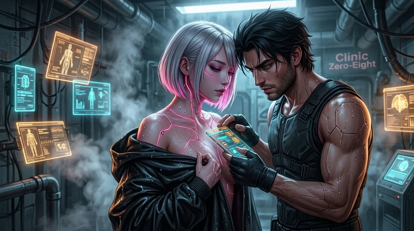 Akari-Nine standing in the neon-lit Neo-Kyoto cyber-clinic