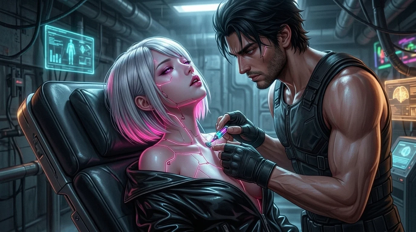 Kaelen connecting the fiber-optic neural bridge to Akari's cervical port