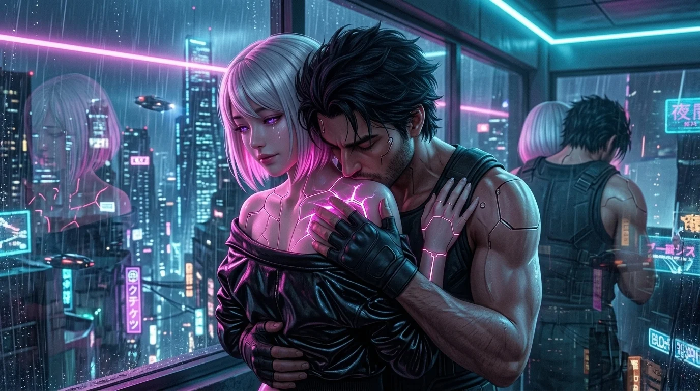 Intense cybernetic intimacy on the surgical cradle under neon light
