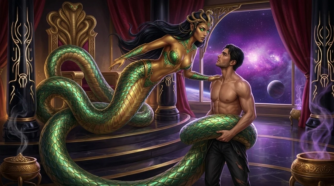 Empress Sszira-Vael towering over Dorian in the amber-lit Sovereign Sanctum as her emerald coils encircle him