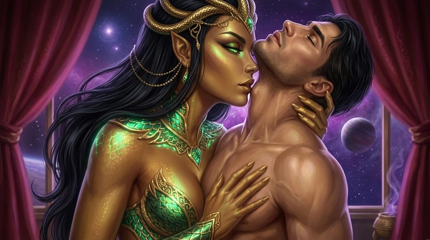 Sszira-Vael preparing to administer her euphoric bliss-venom at the hollow of Dorian's collarbone