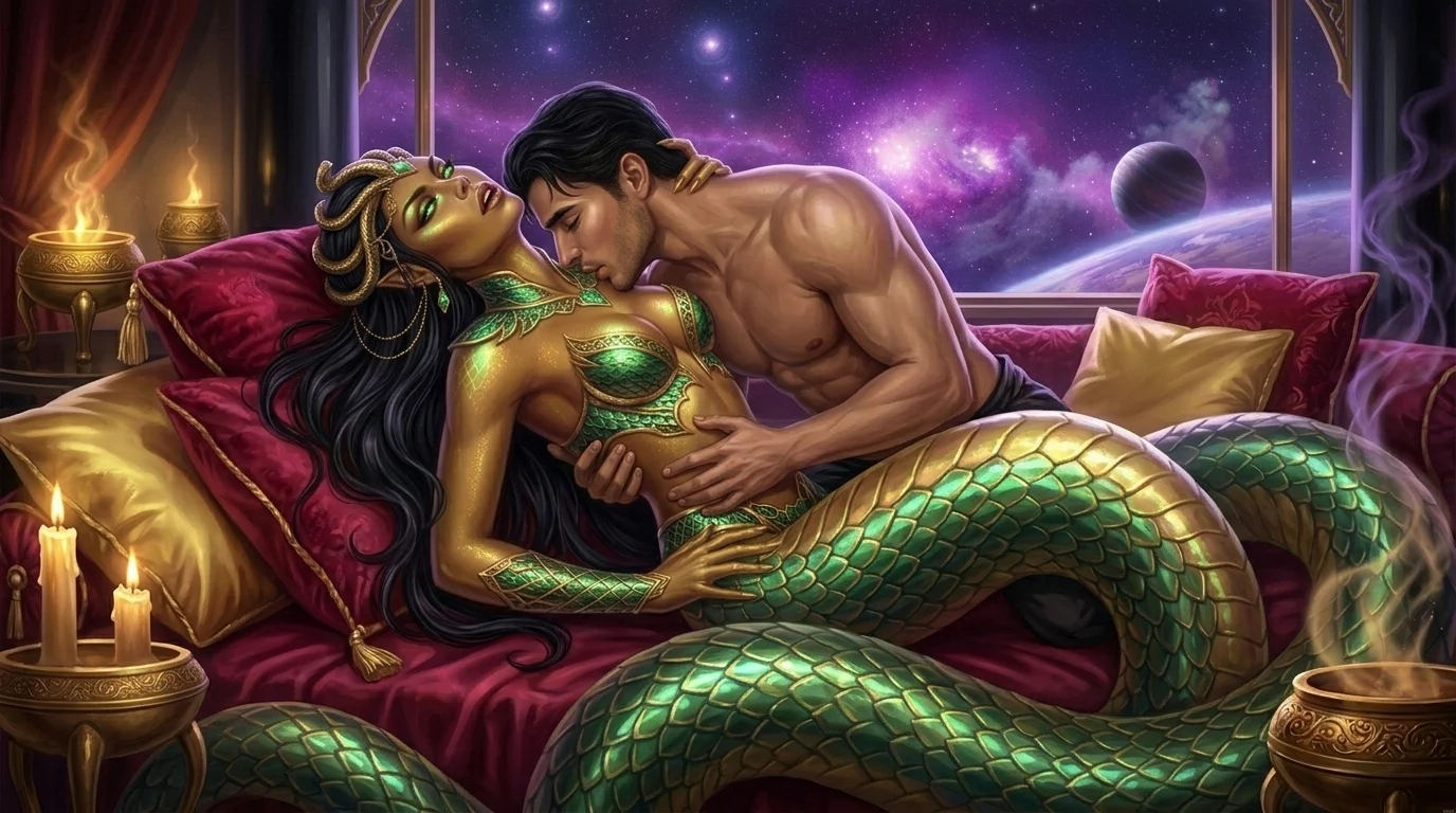 Sszira-Vael arching her hooded torso in ecstasy as Dorian's hands explore her glowing sanctum