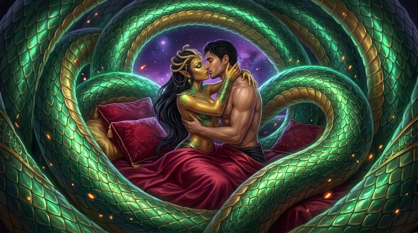 Sszira-Vael riding Dorian within a towering fortress of iridescent coils at the height of the eclipse