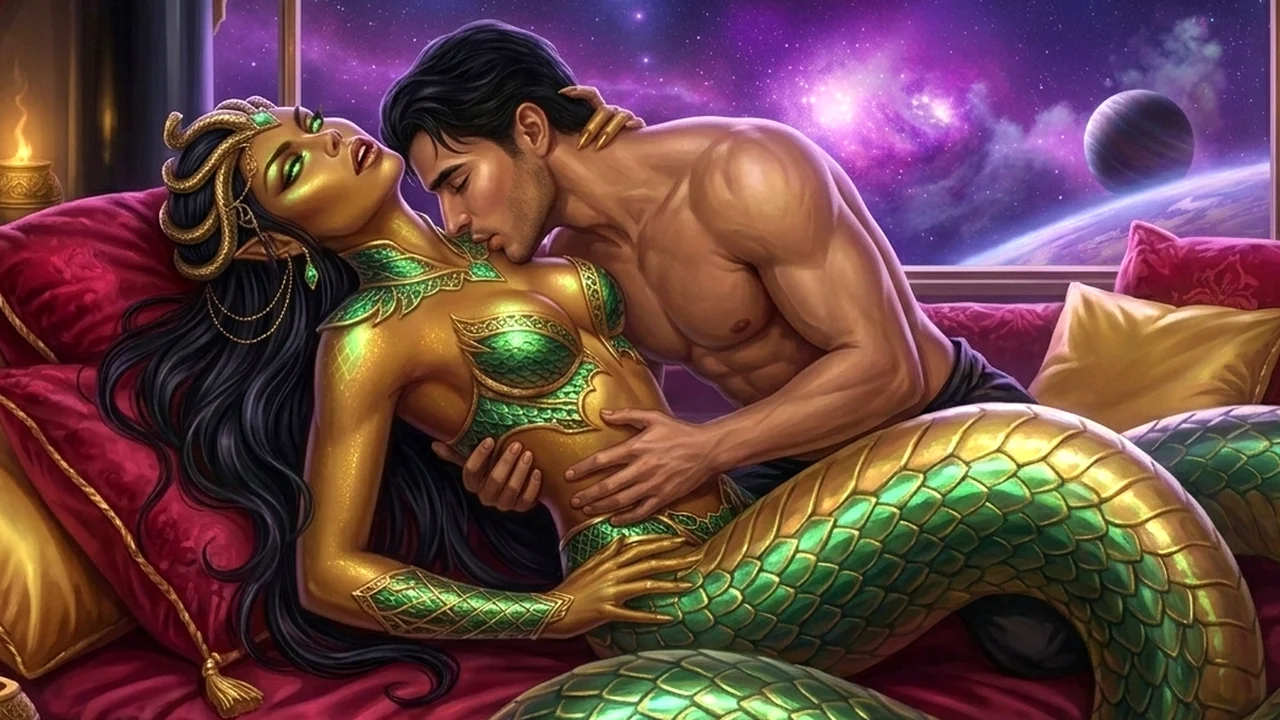 Dorian resting within the warm coils of Empress Sszira-Vael as the red eclipse clears above the spire