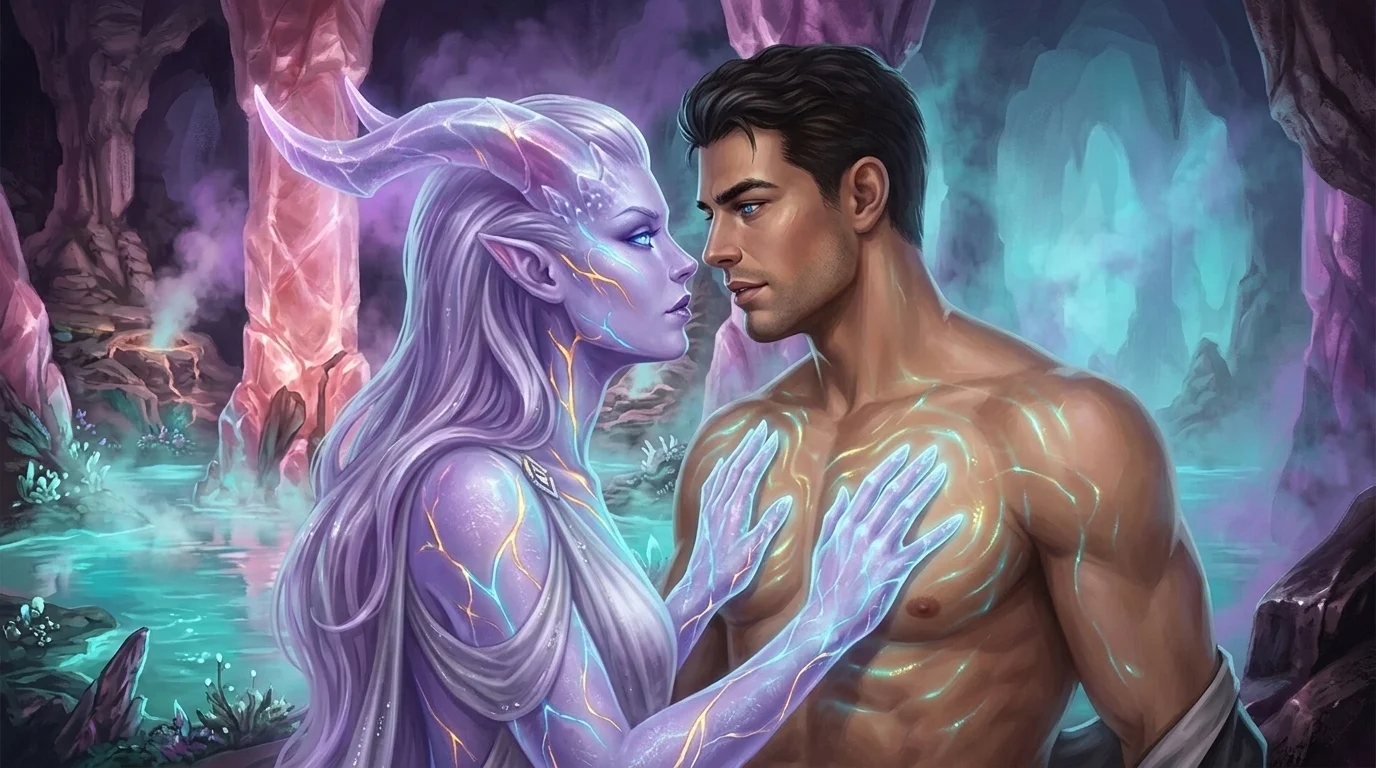 Harmonic resonance waves passing from Nyxara's palms into Adrian's chest