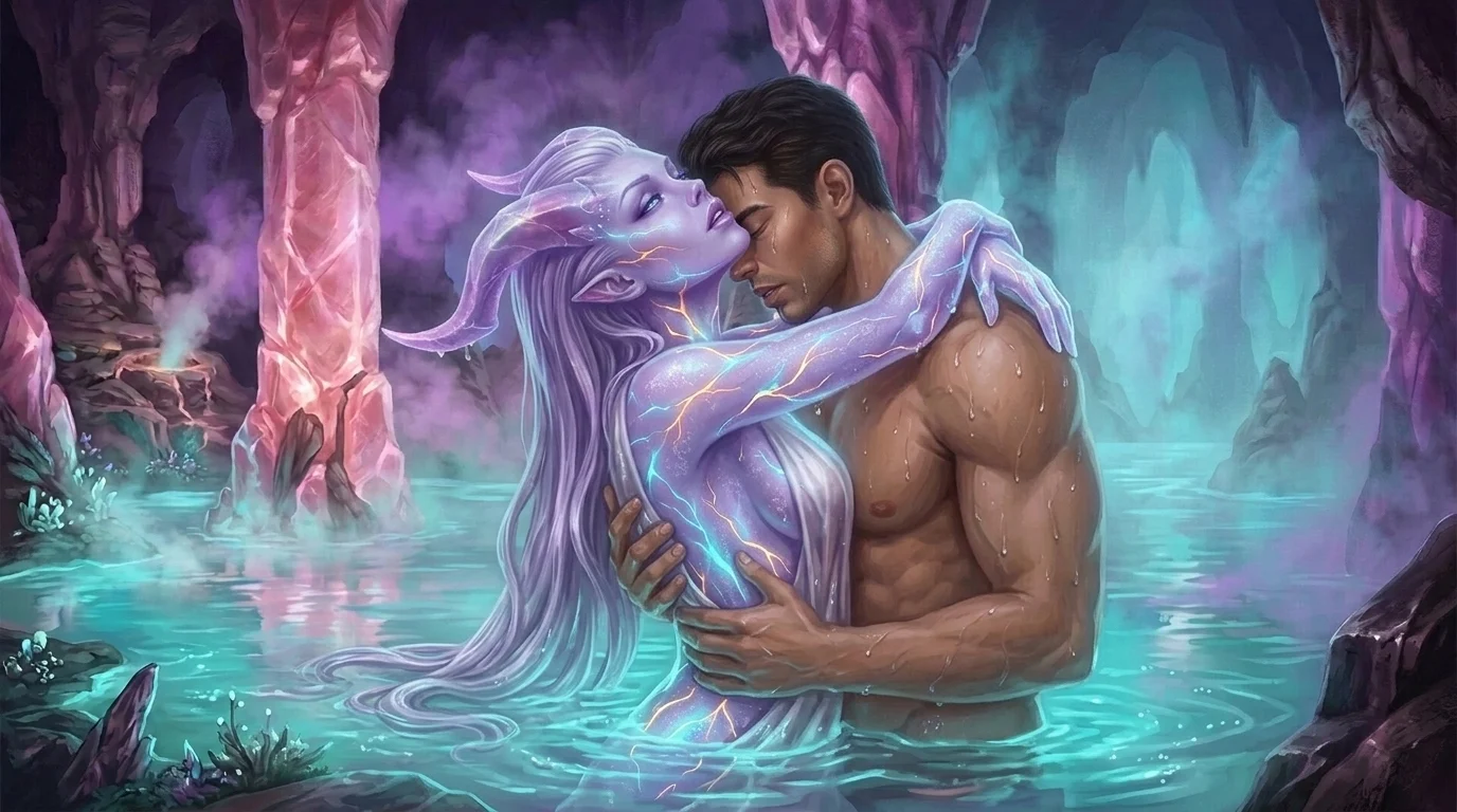 Bioluminescent brood coils wrapping around the lovers during the peak of the Resonance Rite