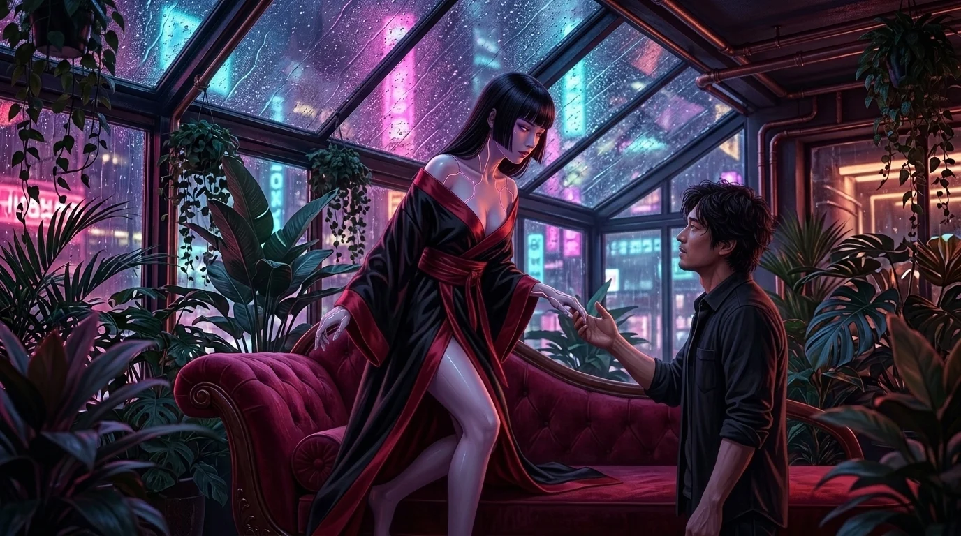 Sera-Zero awakening inside the neon-lit Neo-Kyoto penthouse atelier as her sub-dermal lines soften into warm rose light