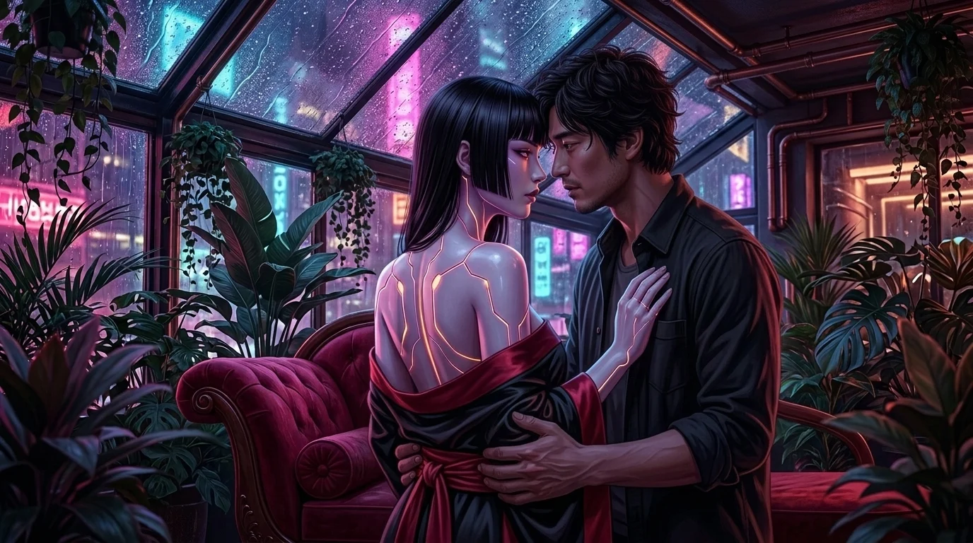 Sera-Zero parting her silk kimono on the edge of the cradle and drawing Adrian against her bare chest