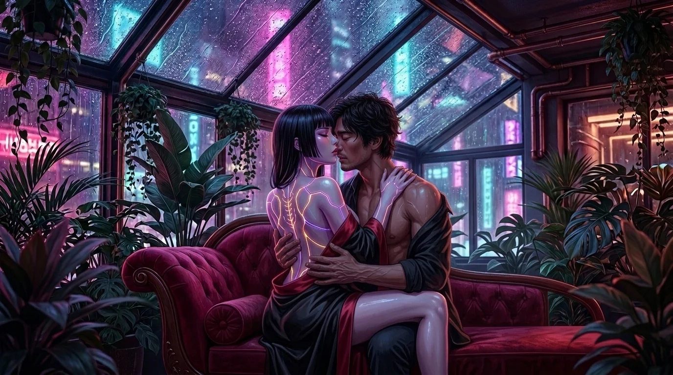 Adrian and Sera-Zero joined on the velvet cradle beneath the rain-streaked glass roof of the atelier