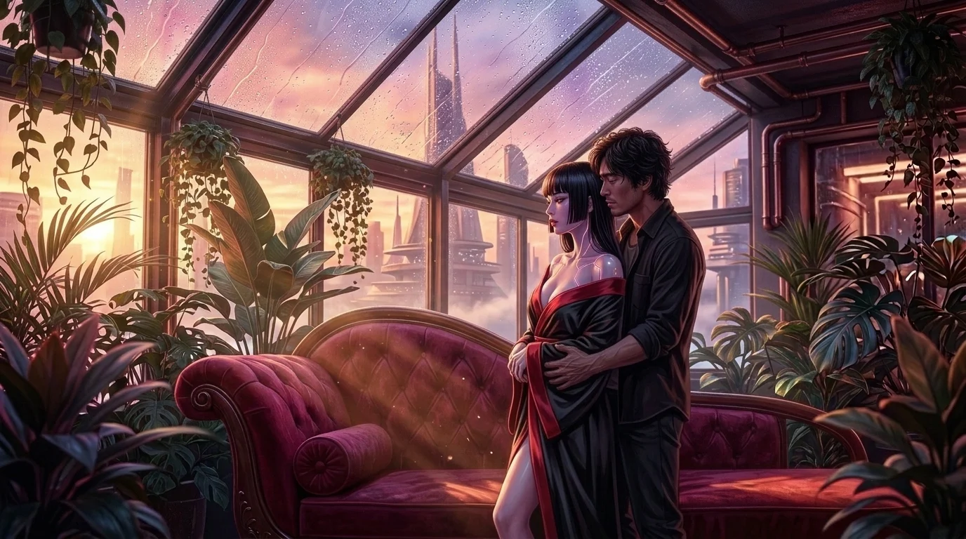 Sera-Zero standing by the rain-streaked glass of the Neo-Kyoto penthouse at dawn beside her creator