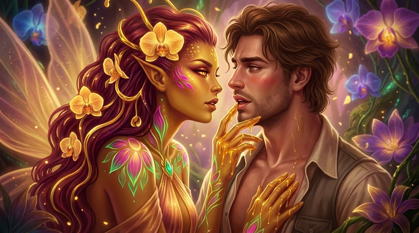 Amaryllis parting Cassian's field shirt as glowing pollen transfers to his skin