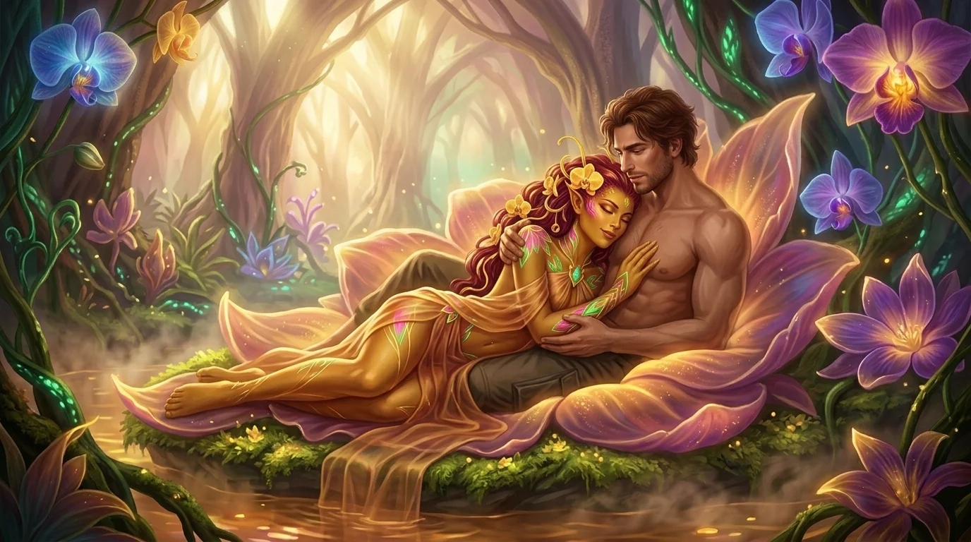 Cassian and Amaryllis entwined in the golden afterglow of the Nectar Sanctum