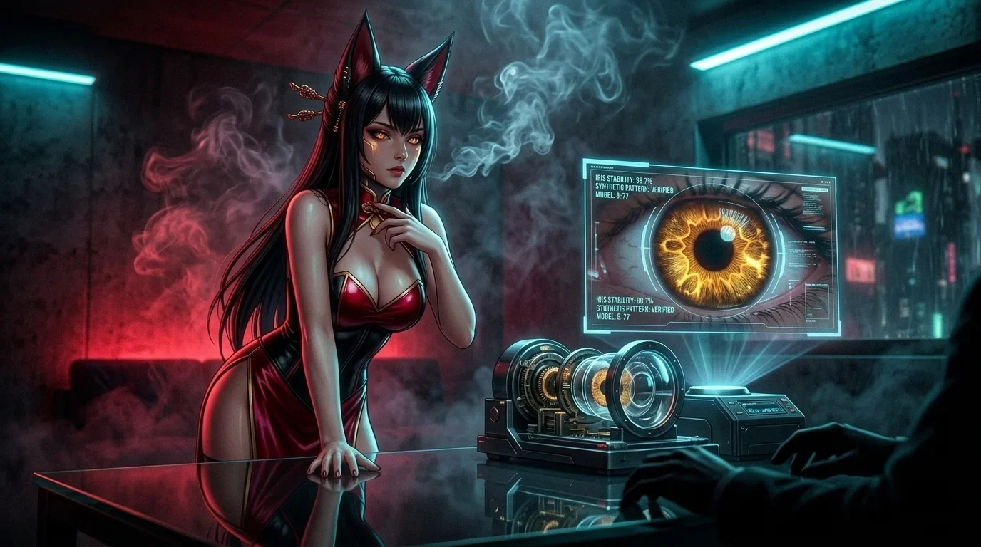 Freya-09 reclining on the neon-lit cybernetic surgical cradle as her rose-gold chassis vents steam