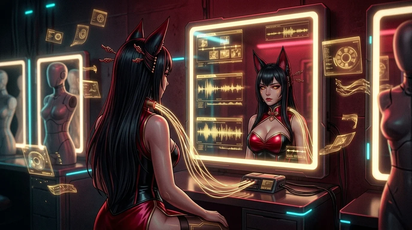 Kaelen unfastening the carbon combat-corset from Freya's glowing synthetic torso