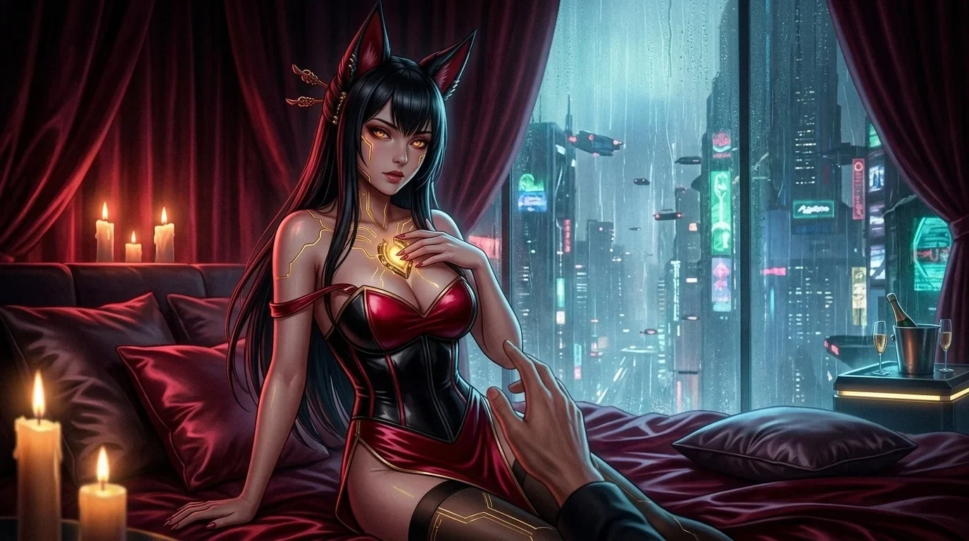Freya standing by the neon-lit penthouse window after her neural stabilization