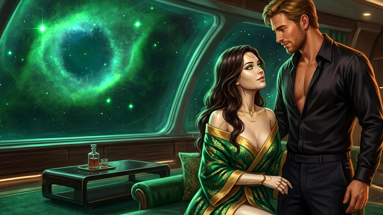 Damon and Oriana entwined in the warm golden afterglow of the star-yacht
