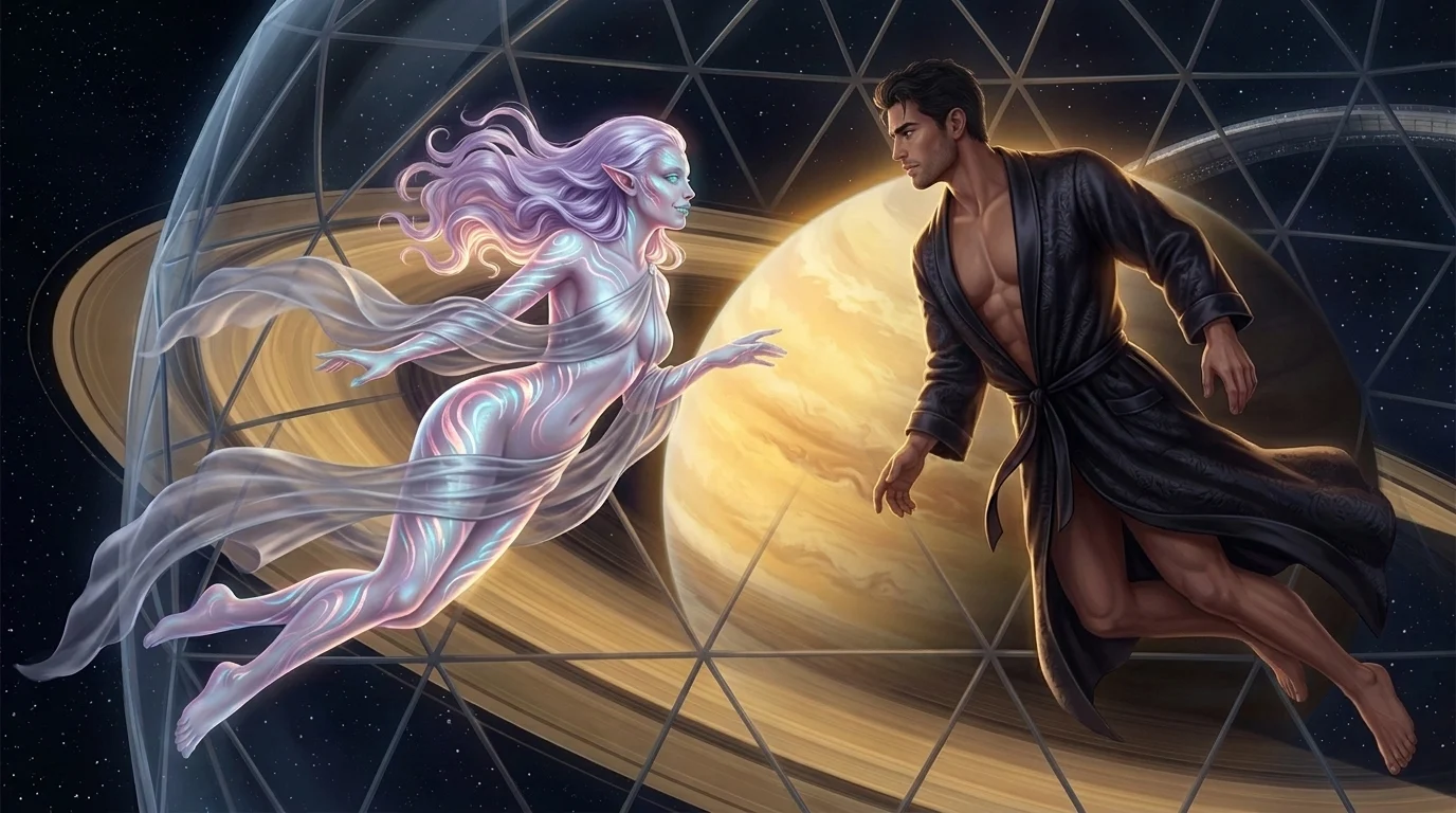Lyra-Keth floating weightlessly before the rings of Saturn in the Spindle Suite