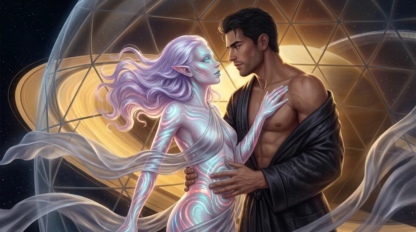 Color-shifting ripples spreading across Lyra-Keth's skin as Marcus touches her in zero gravity