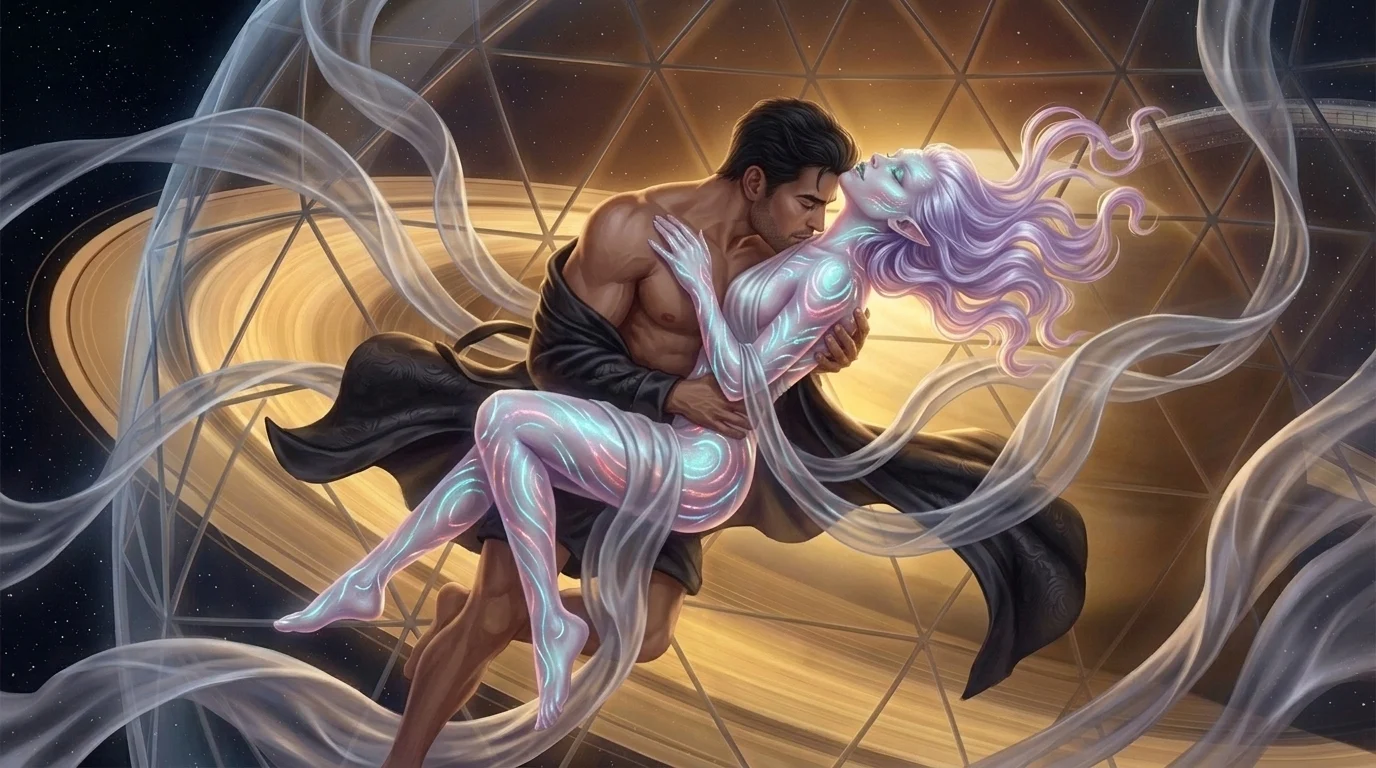 Weightless embrace suspended inside the glass viewing sphere of the orbital ring