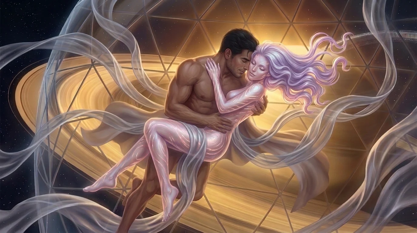 Lyra-Keth's chromatophore skin glowing in serene rose-gold after climax