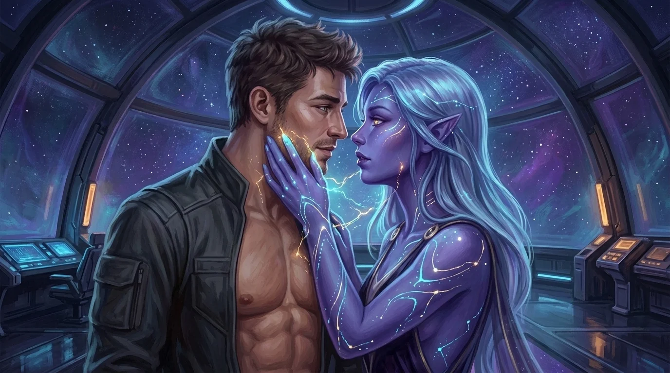 Seraphine touching Julian's chest as bioluminescent patterns transfer across his skin