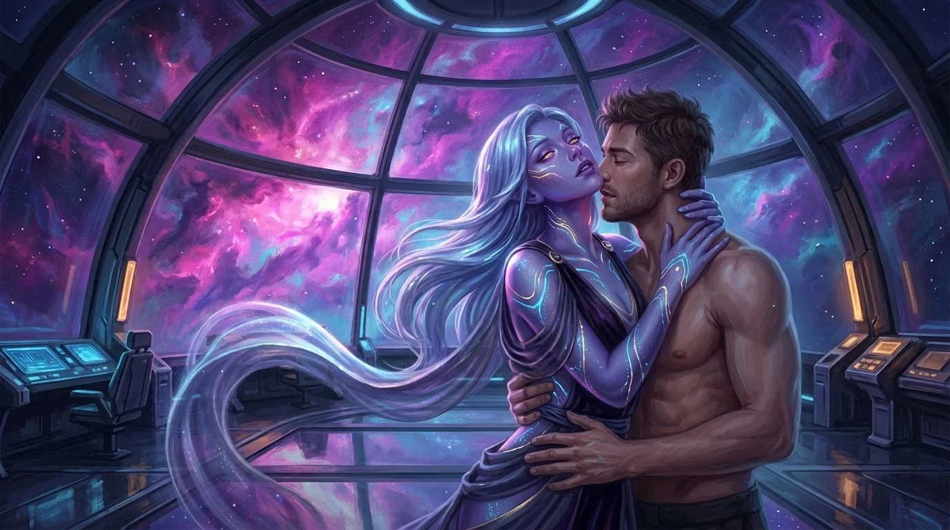 Intimate embrace under the ultraviolet nebula dome in reduced gravity