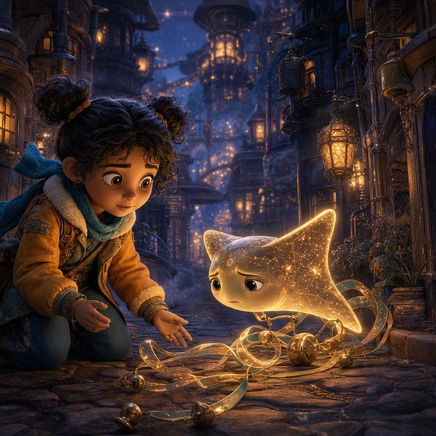 Arin, a cheerful child mapmaker in a saffron flight jacket and teal scarf, finding Kivo, a living golden starlight kite, trapped in a windless Cloud City alley between lantern towers, digital 3D illustration, whimsical fantasy, Pixar-like character style, rich colors, octane render style, cinematic lighting, deep indigo sky, glowing constellations, volumetric clouds, no text, no letters, no titles, zero borders, no white frames, no margins, no rounded corners, flush edge-to-edge grid