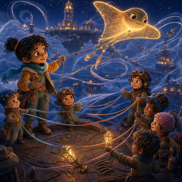Arin and shy rooftop children holding different glowing ribbon lines to help Kivo the starlight kite fly through Cloud City wind rivers, same characters and palette, digital 3D illustration, whimsical fantasy, Pixar-like character style, rich colors, octane render style, cinematic lighting, deep indigo sky, glowing constellations, volumetric clouds, no text, no letters, no titles, zero borders, no white frames, no margins, no rounded corners, flush edge-to-edge grid