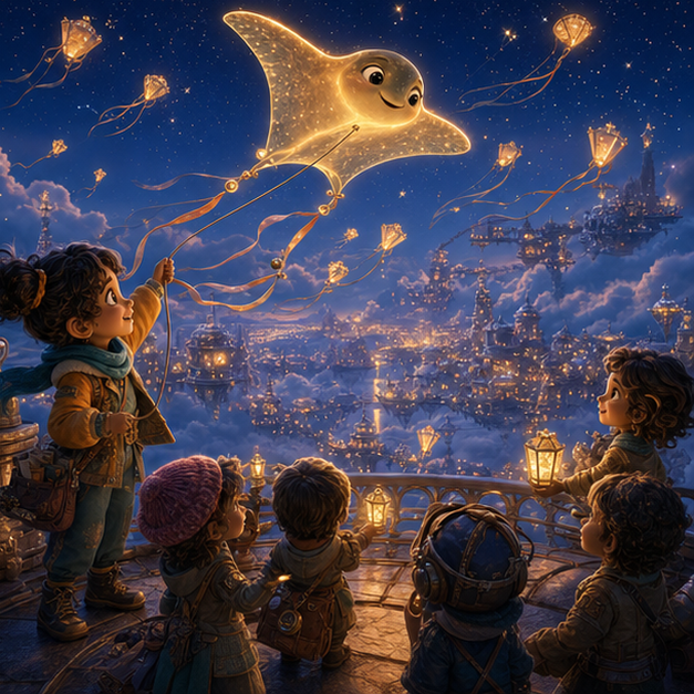 Kivo lifting many small lantern kites above Cloud City while Arin and rooftop friends celebrate on a glowing bridge, warm lights below, same characters, digital 3D illustration, whimsical fantasy, Pixar-like character style, rich colors, octane render style, cinematic lighting, deep indigo sky, glowing constellations, volumetric clouds, no text, no letters, no titles, zero borders, no white frames, no margins, no rounded corners, flush edge-to-edge grid