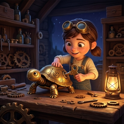Penny winding Barnaby with a large ornate key on a wooden workbench
