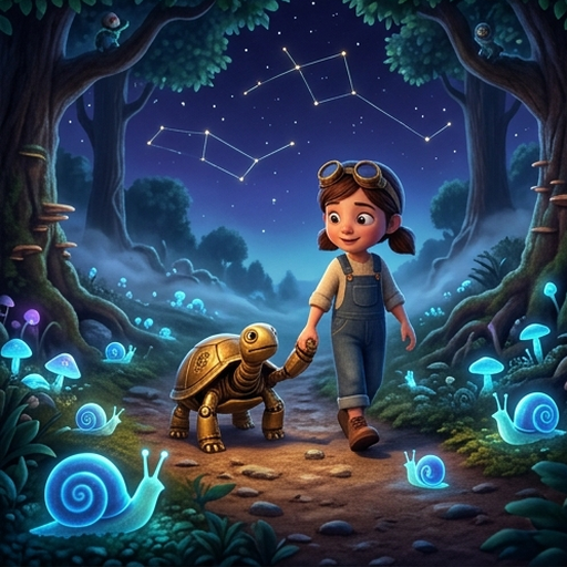 Penny and Barnaby walking slowly on a path in a magical forest near glowing blue snails