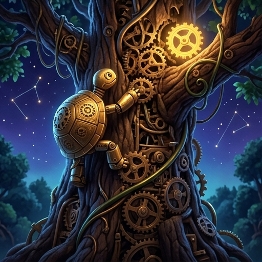 Barnaby slowly climbing a giant clockwork tree trunk with rotating metal gears to reach a glowing golden gear