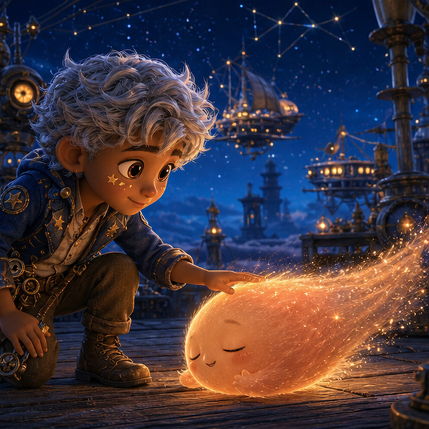 Elio, a bright-eyed child sky mechanic with tawny skin, silver curls, a cobalt pilot jacket, and star-shaped freckles; Puck, a sleepy peach-colored baby comet with a velvet tail meeting for the first time in Moon Harbor, magical discovery, tender wonder, digital 3D illustration, whimsical fantasy, beautiful original characters, warm expressive faces, Pixar-like character style, rich colors, cinematic lighting with warm glow, deep indigo sky, thin glowing constellations, highly detailed textures, no text, no letters, no titles, zero borders, no white frames, no margins, no rounded corners, flush edge-to-edge grid