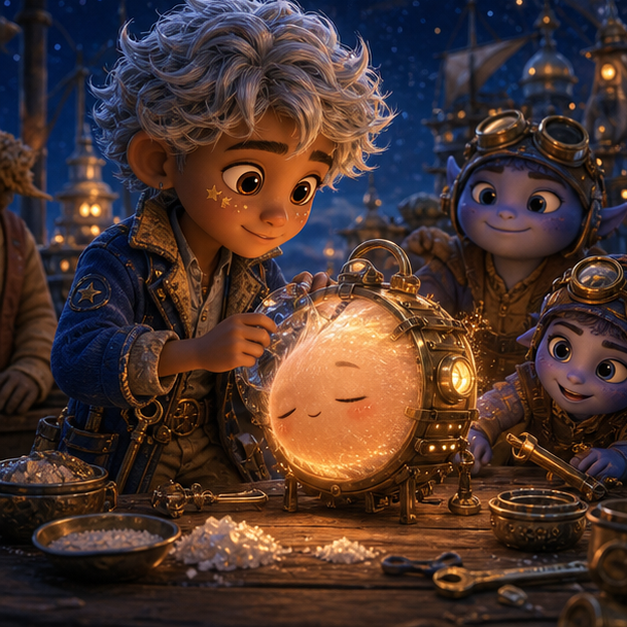 Elio, a bright-eyed child sky mechanic with tawny skin, silver curls, a cobalt pilot jacket, and star-shaped freckles; Puck, a sleepy peach-colored baby comet with a velvet tail carrying a lantern harness polished with moon salt through Moon Harbor, cooperative adventure, glowing clues, digital 3D illustration, whimsical fantasy, beautiful original characters, warm expressive faces, Pixar-like character style, rich colors, cinematic lighting with warm glow, deep indigo sky, thin glowing constellations, highly detailed textures, no text, no letters, no titles, zero borders, no white frames, no margins, no rounded corners, flush edge-to-edge grid