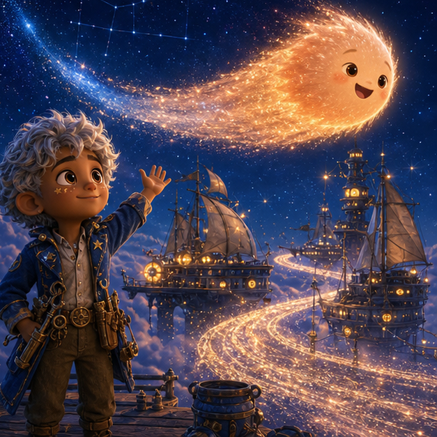 Elio, a bright-eyed child sky mechanic with tawny skin, silver curls, a cobalt pilot jacket, and star-shaped freckles; Puck, a sleepy peach-colored baby comet with a velvet tail restoring harmony in Moon Harbor, joyful gentle celebration, shared light, digital 3D illustration, whimsical fantasy, beautiful original characters, warm expressive faces, Pixar-like character style, rich colors, cinematic lighting with warm glow, deep indigo sky, thin glowing constellations, highly detailed textures, no text, no letters, no titles, zero borders, no white frames, no margins, no rounded corners, flush edge-to-edge grid