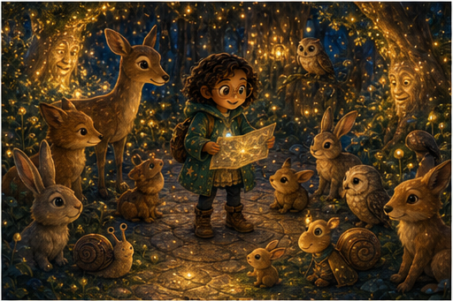 Der magische Wald leuchtet, während Ari die Karte mit Freunden teilt.