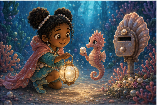 Mina meets a shy seahorse messenger beside a shell mailbox.