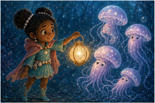 Mina calms nervous jellyfish with the pearl lantern.