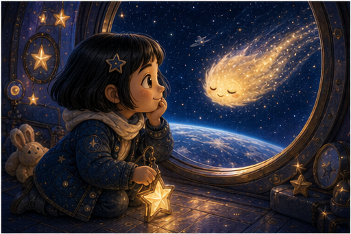 Sora sees a sleepy comet drifting outside the space station window.